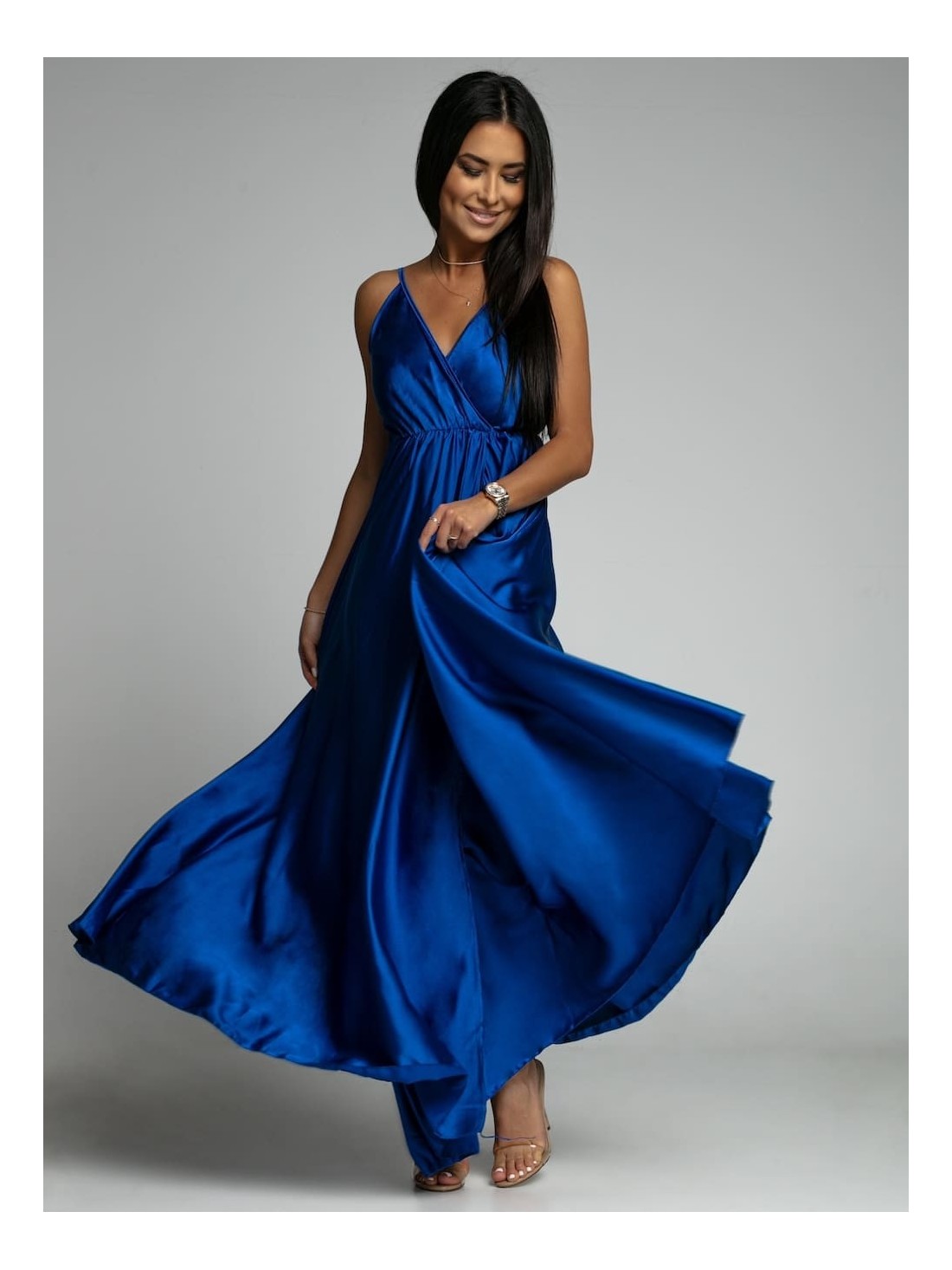 Long satin dress with straps, cornflower blue AZR126